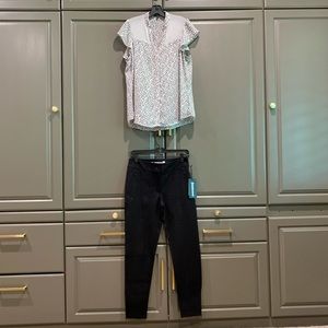 Betabrand black slacks, sz small & blk/wht blouse.